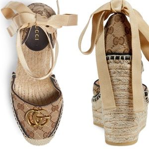Authentic Gucci Pilar GG Ankle Tie Espadrille Platform Wedge